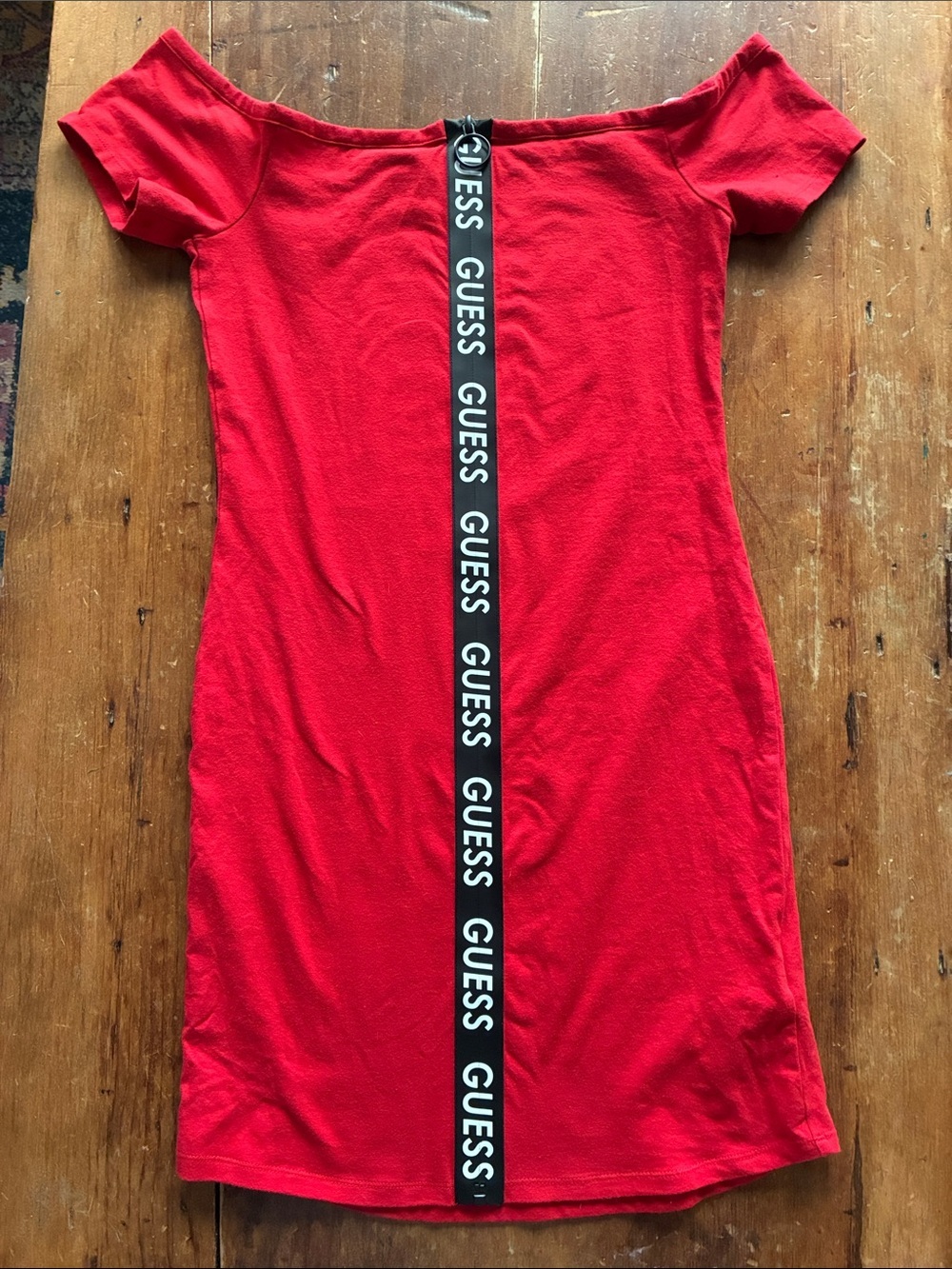 Y2K Guess Logo Zip Bodycon Dress | Off Shoulder Red Midi | Size L (Fits M-L)